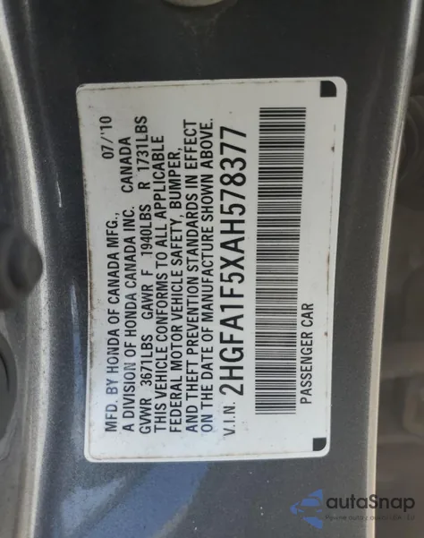 2010 Honda Civic Lx из США, поврежденный, VIN 2HGFA1F5XAH578377